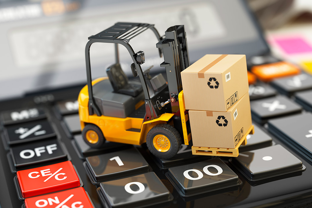  A forklift truck resting on a calculator, representing how bonded warehousing can streamline logistics and reduce costs.