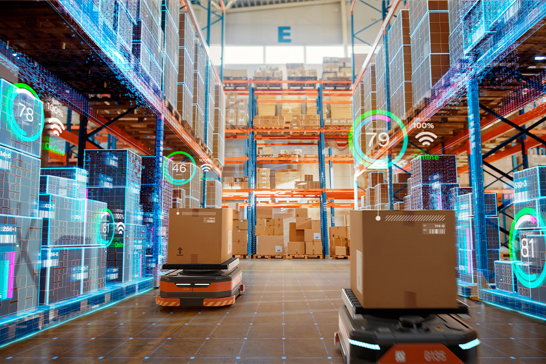A robot moves through a warehouse, showcasing the benefits of bonded warehousing in reducing tariffs and delays.