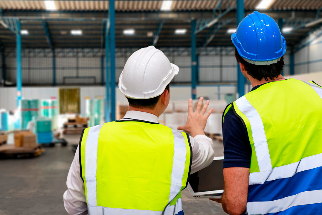 Two men in safety vests and hard hats stand in a warehouse, discussing logistics for 3PL services in Edinburg, TX.