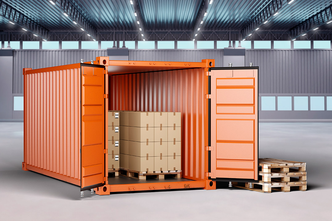 An orange container displaying a stack of pallets inside, advertising shipping containers available for sale in South Texas.