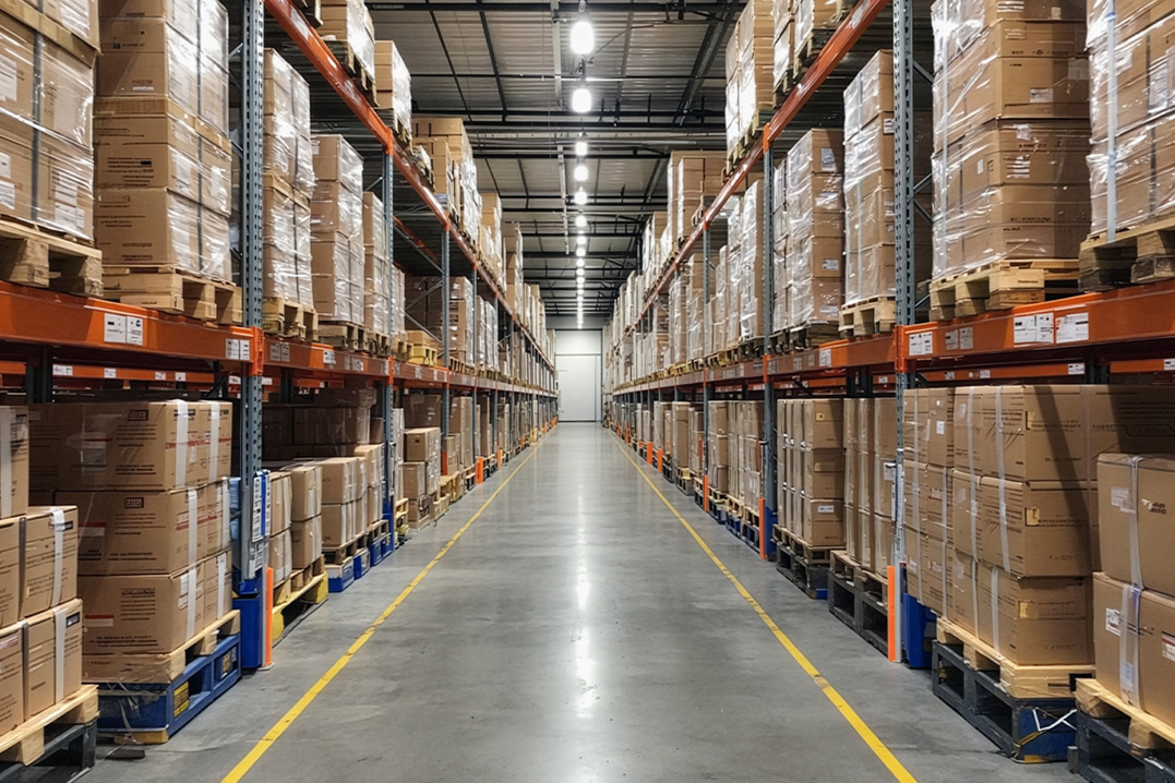 A spacious warehouse filled with numerous boxes and pallets neatly arranged on the shelves.