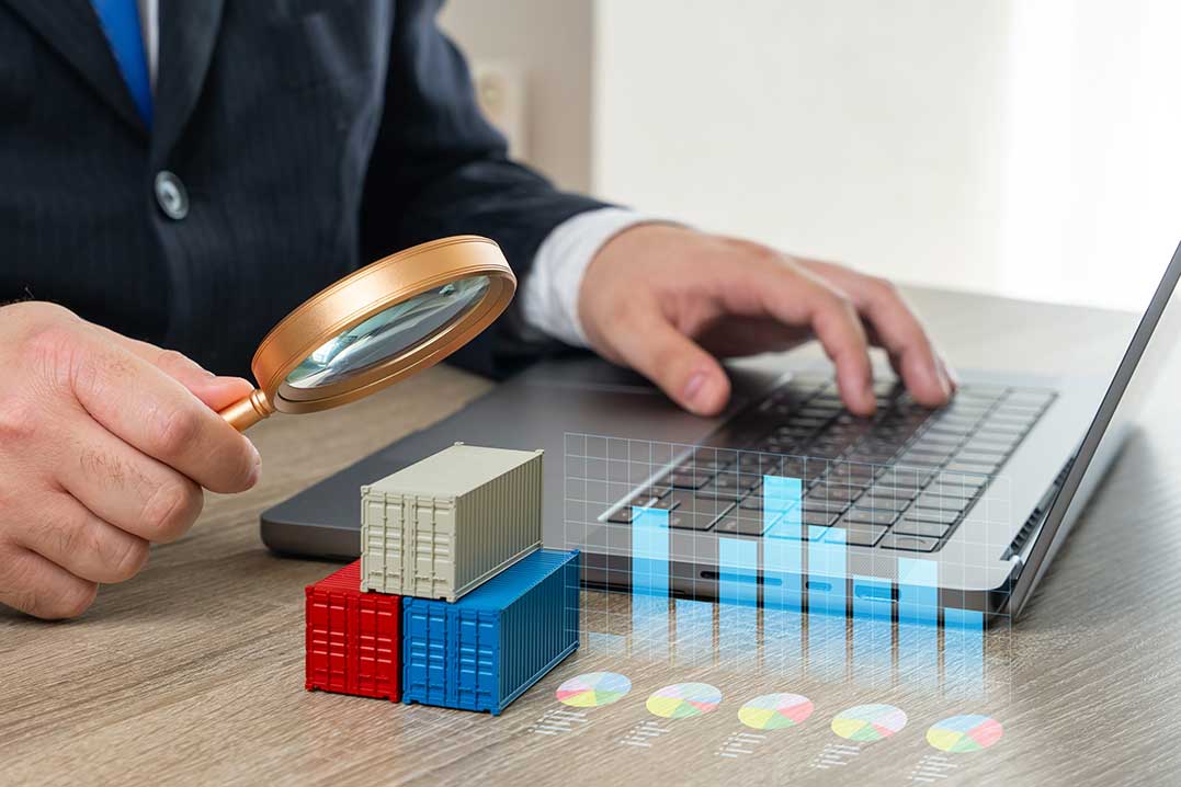 Businessman examining data on a laptop with a magnifying glass, highlighting e-commerce inventory management.