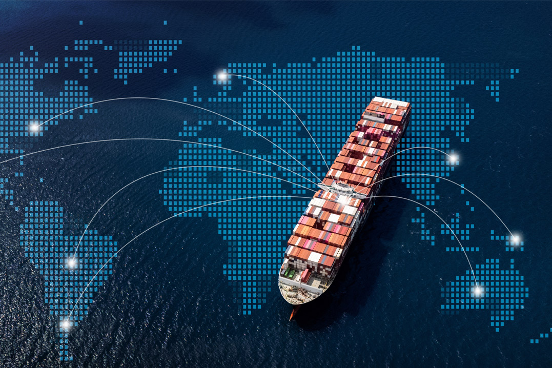 Aerial top view containers ship cargo business commercial logistic and transportation international import export by container freight cargo ship in the open seaport show ocean network on map.