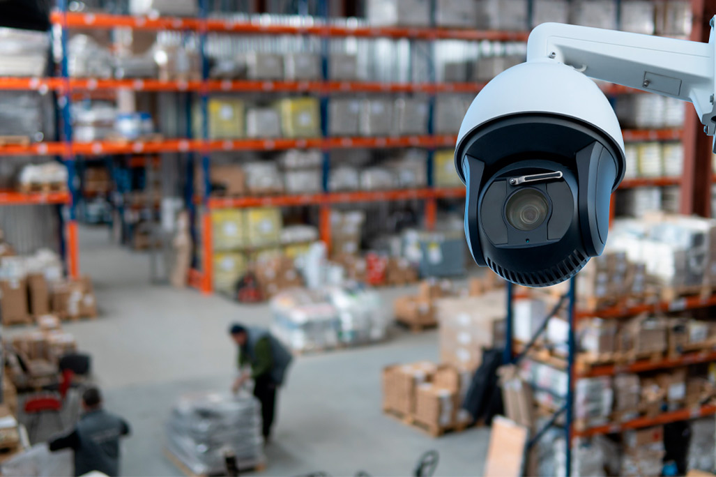 closed circuit camera Multi-angle CCTV system against the background of a modern warehouse complex. The concept of protection of goods.