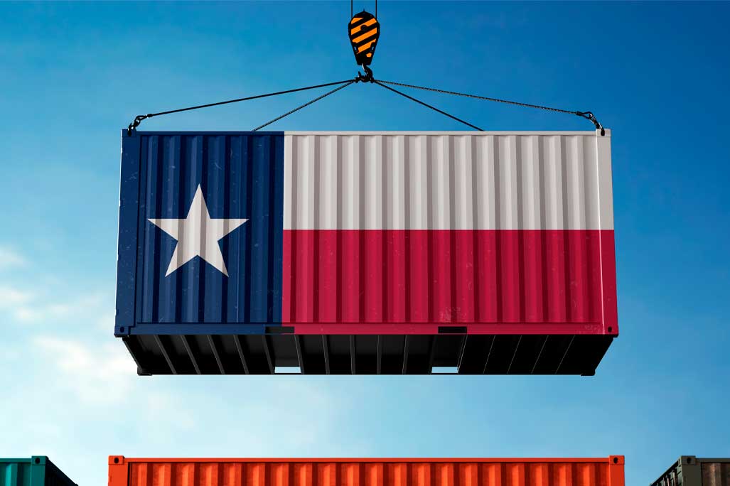 Freight containers with Texas flag, clouds background