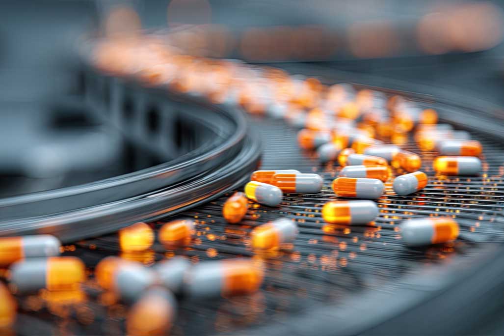 Close-up view of numerous pharmaceutical capsules being manufactured and transported on a conveyor belt in a sterile factory environment.