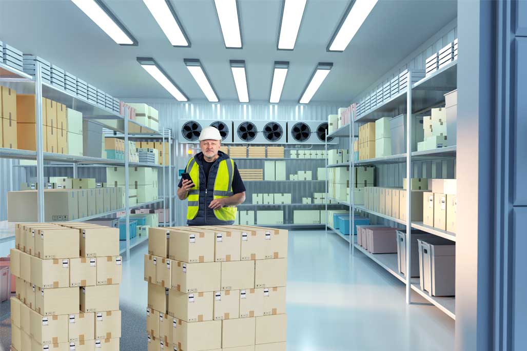 Refrigerated warehouse at pharmaceutical factory. Man stands in industrial freezer. Guy inside refrigerator. Freezer warehouse with boxes on pallets. Refrigerated chamber for storing medicines