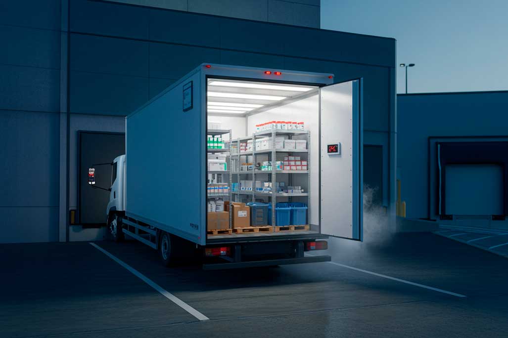 A refrigerated pharmaceutical delivery truck parked at a loading dock, its back doors wide open, revealing neatly stacked temperature-sensitive medical supplies inside. The cargo includes vaccine vials in labeled boxes, insulated blood product containers,