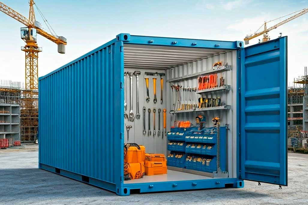 Generate me a photo of a blue, open overseas container standing on a construction site. The construction site should only be easily visible in the background, the container should be in the right area of the picture. The container should contain shelves
